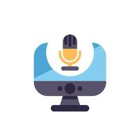Desktop computer displaying microphone icon for podcast recording vector
