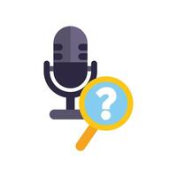 Magnifying glass exploring a question about a podcast microphone vector