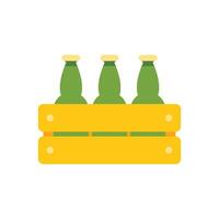 Three green glass beer bottles standing in wooden crate vector