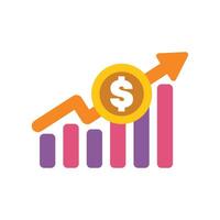 Bar graph showing increasing profit with dollar coin and up arrow vector