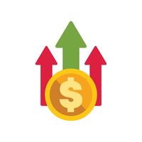 Dollar coin increasing in value with upward arrows vector
