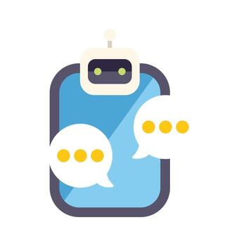 blanco chatbot comunicado en teléfono inteligente pantalla con habla burbujas vector