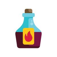 Glass bottle containing red potion with fire warning label vector