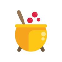 Big yellow cauldron bubbling with red potion and wooden spoon vector