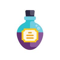 Glass bottle containing purple potion with blank label for text vector
