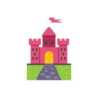 Cartoon medieval castle is standing on green lawn with stone path leading to it vector