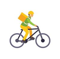 Delivery man riding bicycle with yellow backpack delivering package vector