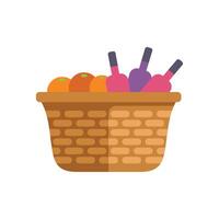 Wicker basket full of fresh produce and wine bottles for picnic vector