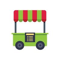 Green wheeled food cart with red and green awning displaying menu for selling street food vector