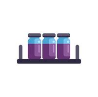 Glass jars with purple liquid standing on shelf in row vector
