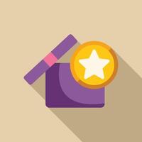 Open purple box with a golden star coin floating above, representing bonus, reward, or loyalty program vector