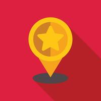 Golden location pin pointing special place with star symbol on red background vector