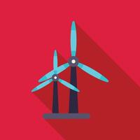 Two wind turbines generating clean energy on red background vector