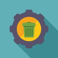 Green trash can icon inside a gear, removing unnecessary files and data from system vector