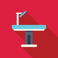 Operating table under surgical lamp casting long shadow on red background vector