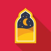 Crescent moon shining over desert through ornate window at night vector