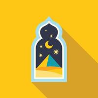 Arabian window showing desert landscape at night with pyramid and crescent moon vector
