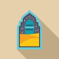 Minaret tower rising from desert sands at night through ornate arch window vector