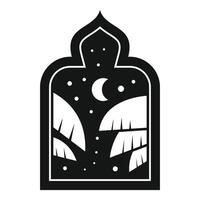 Arabian nights scene showing crescent moon and palm trees through arch window vector