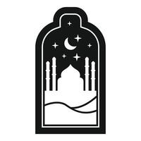 Mosque silhouette under crescent moon and stars in ornate frame vector