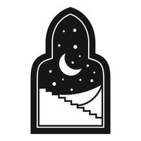 Stairs leading to crescent moon and starry night sky through arch window vector