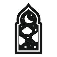 Arabian nights, mosque window showing crescent moon and clouds vector