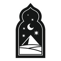 Arabian window showing desert landscape at night with pyramid, moon and stars vector