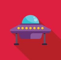 Purple alien spaceship hovering with bright lights on red background vector