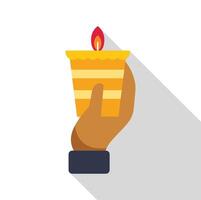 Hand holding lit yellow candle in flat design style with long shadow vector