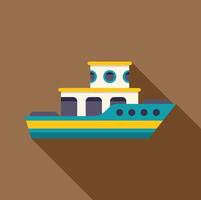 Small passenger ship sailing on calm water with long shadow vector