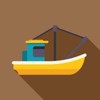 Small fishing boat floating on calm water with long shadow vector