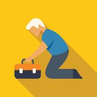 Technician picking up toolbox kneeling on yellow background vector