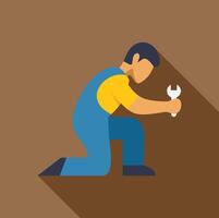 Kneeling mechanic holding wrench fixing something vector