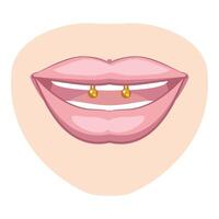 Smiley piercing showing two golden barbells in bottom lip vector