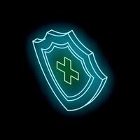 Neon medical shield protecting health and wellbeing in isometric view vector