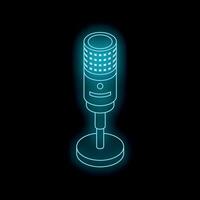 Neon blue microphone glowing on black background vector