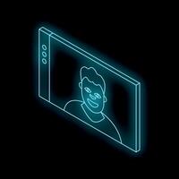 Neon blue call on tablet with smiling man vector