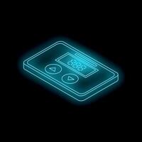 Glowing neon pager icon on dark background showing isometric view vector