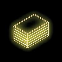 Glowing neon yellow isometric warehouse building on black background vector