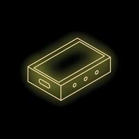 Neon yellow glowing portable music player on black background vector