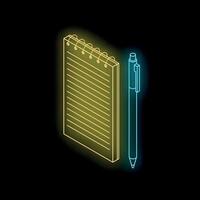 Neon spiral notepad and pen glowing on dark background vector