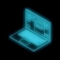 Futuristic neon blue laptop showing user interface on black background vector