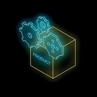Gears rotating and fitting into product box, manufacturing process visualization vector