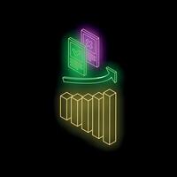 Neon documents with check and cross marks transforming into growing bar chart vector