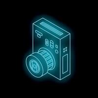 Neon blue instant camera shining in darkness, isometric view vector