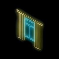 Glowing neon window with curtains on black background vector