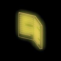 Open book with glowing neon yellow lines on black background vector