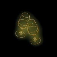 Two wine glasses toasting, creating a golden neon glow on a dark background vector