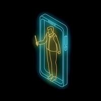 Teacher giving online lesson from smartphone screen with pointer, neon isometric illustration on black background vector