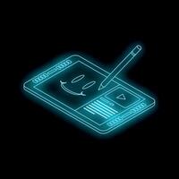 Stylus pen drawing smiley face on smartphone screen with play button, isometric neon style illustration vector
